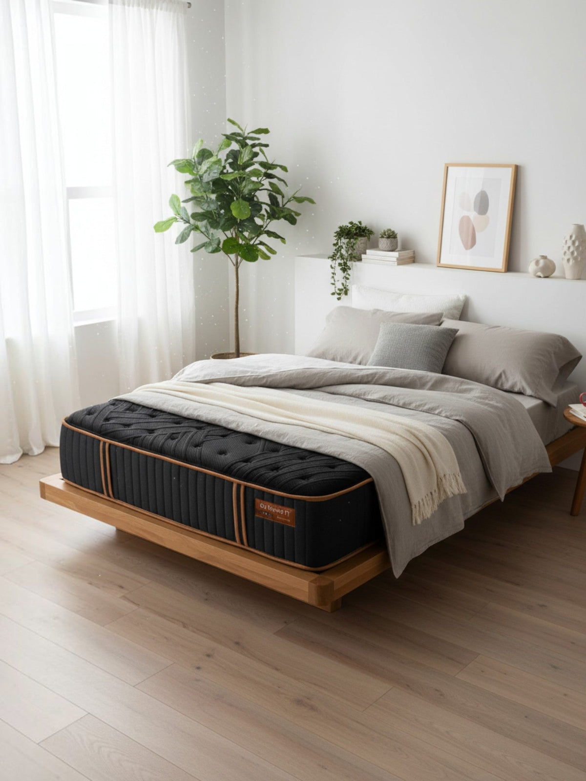 Matelas hybride TOCO Meubles Copper Sleep TT noir et cuivre dans une chambre lumineuse au design minimaliste