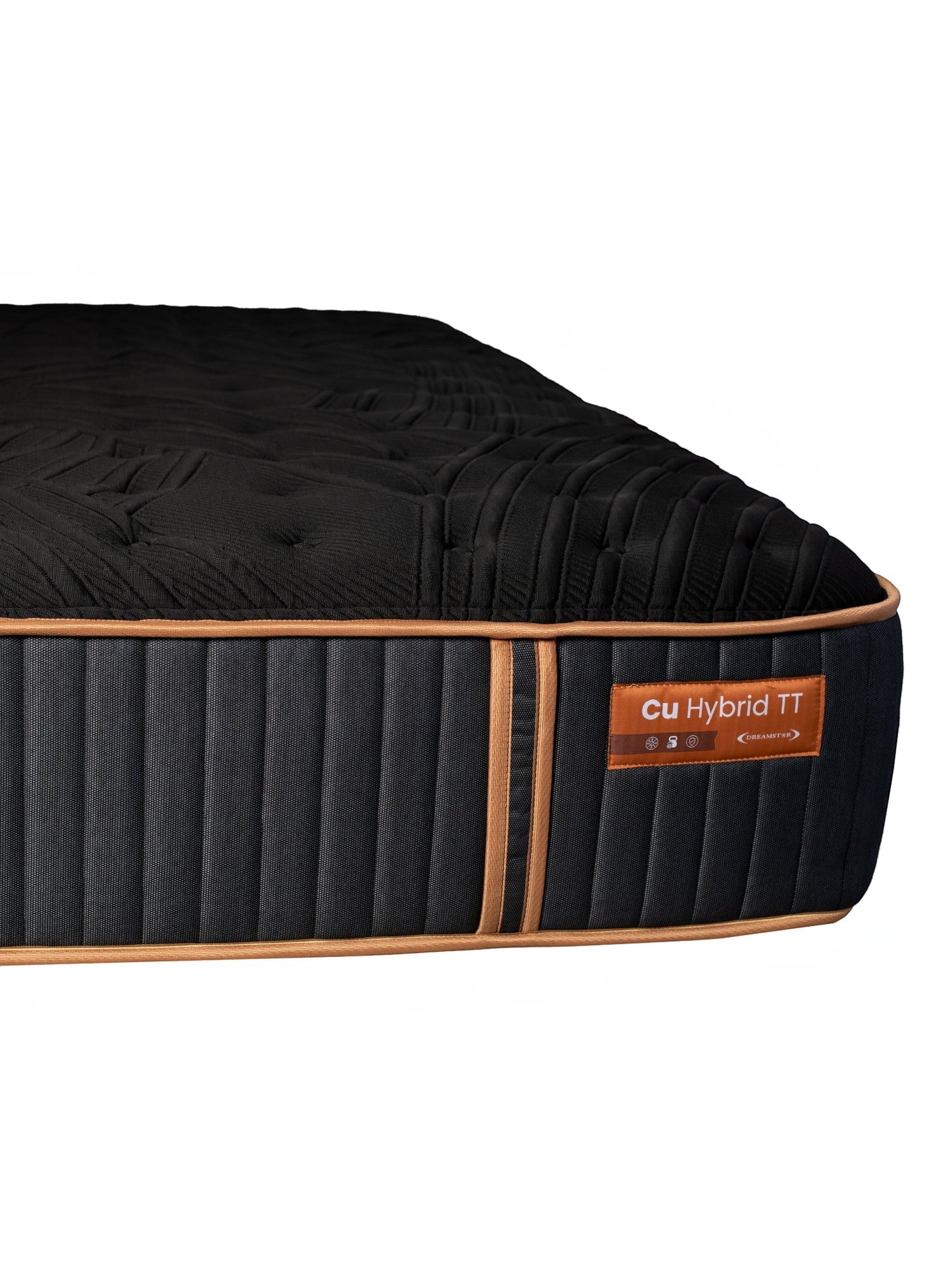 Matelas hybride TOCO Meubles Cu Sleep TT noir avec bordures cuivrées et finition capitonnée élégante