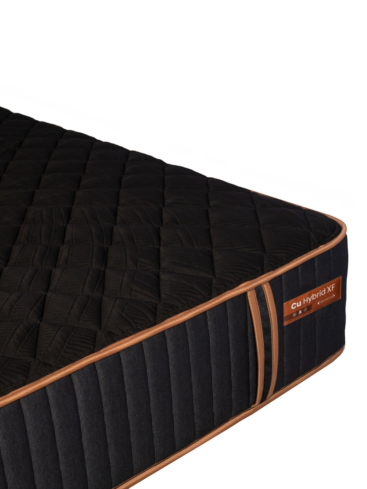 Matelas hybride TOCO Meubles Copper Sleep XF noir avec détails cuivrés, surface matelassée et bordure renforcée.