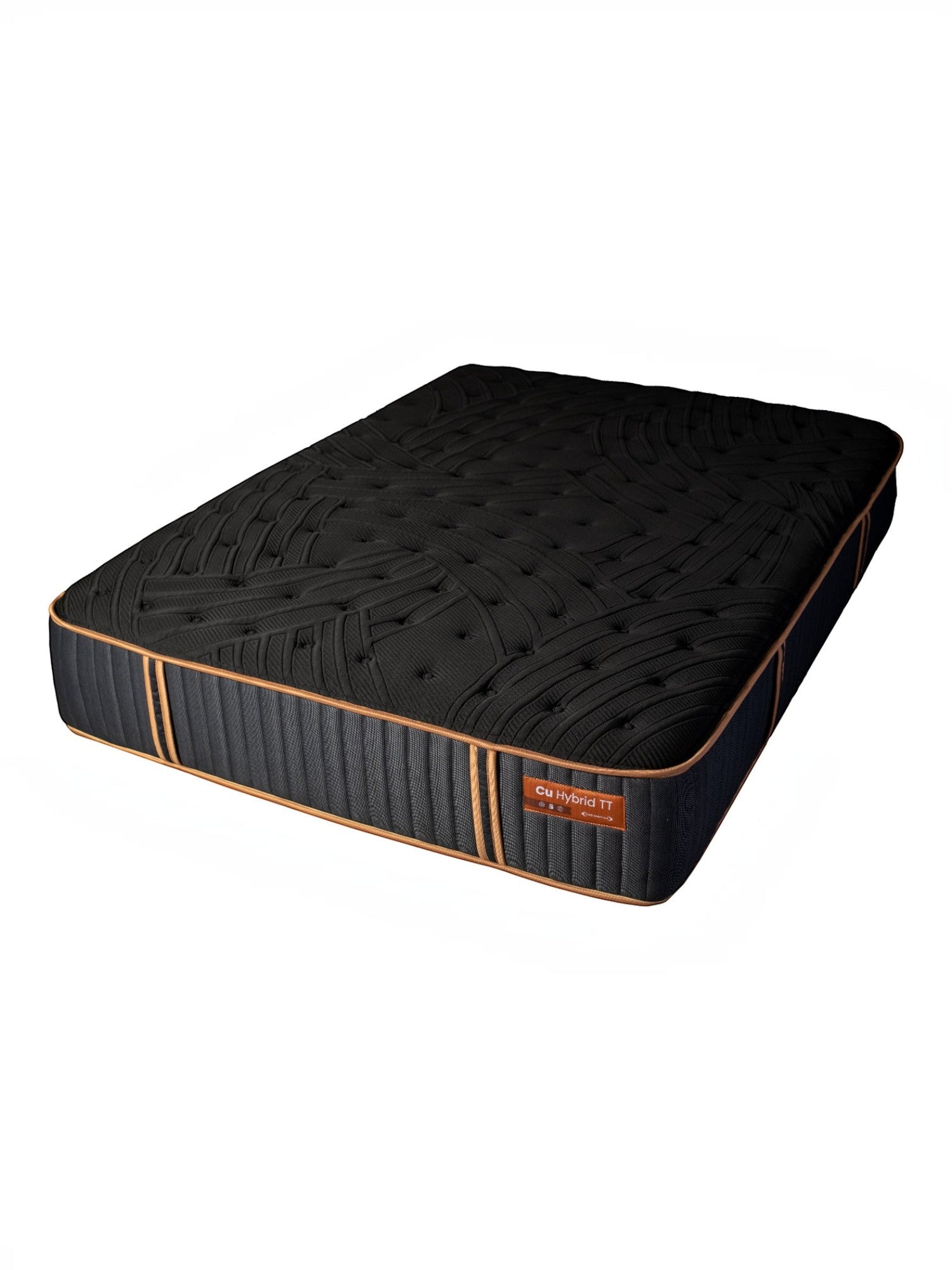 Matelas hybride TOCO Meubles Copper Sleep TT noir avec détails cuivrés et surface capitonnée de 13 pouces