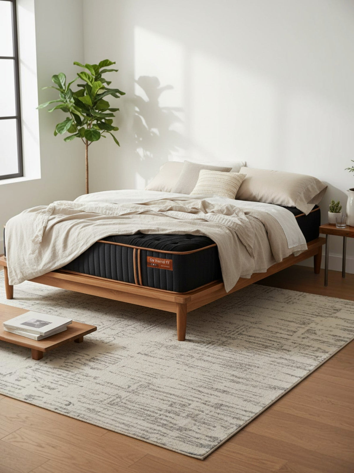 Matelas hybride TOCO Meubles Copper Sleep TT noir avec ressorts ensachés dans une chambre moderne et lumineuse