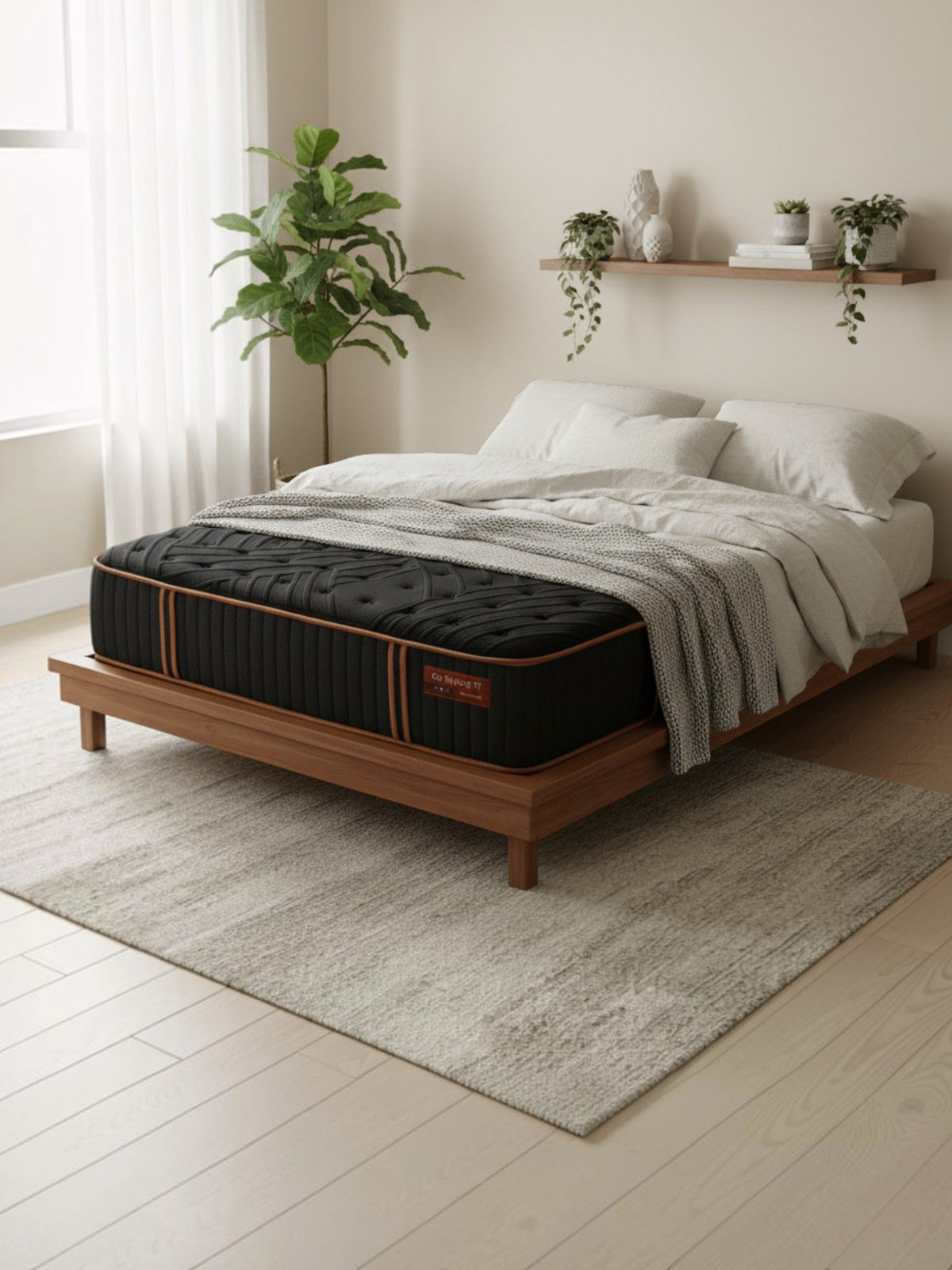 Matelas hybride TOCO Meubles Copper Sleep TT noir de 13 pouces avec ressorts ensachés dans une chambre moderne.
