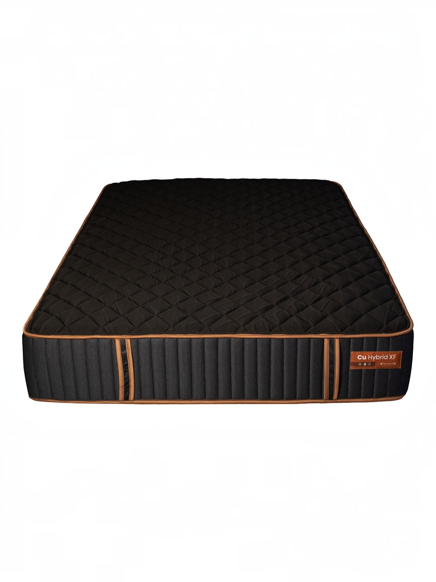 Matelas hybride ferme TOCO Meubles Copper Sleep XF noir avec détails cuivrés et ressorts ensachés.
