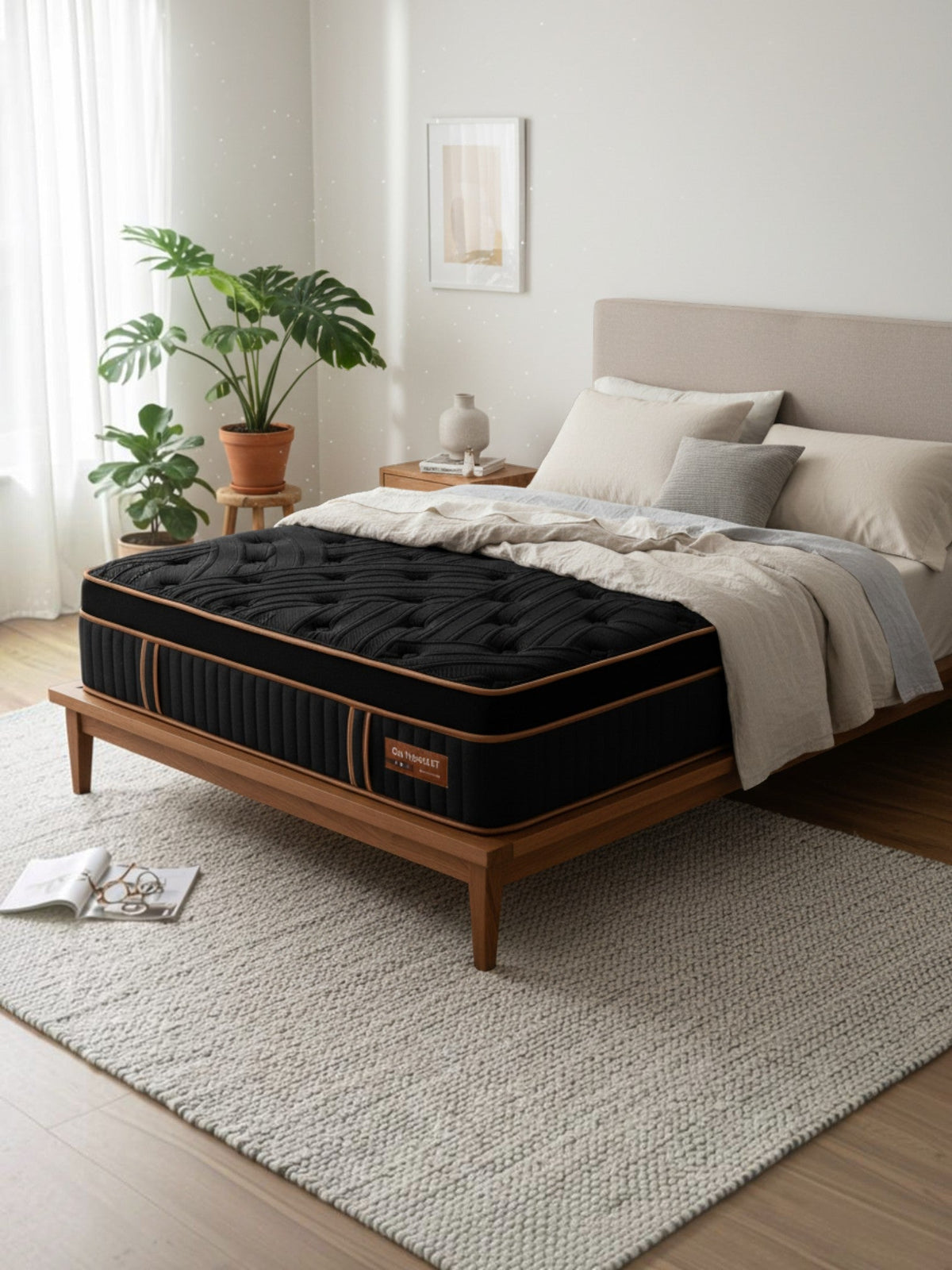 Matelas hybride TOCO Meubles Cu Sleep ET noir avec Euro Top, installé dans une chambre moderne et lumineuse.