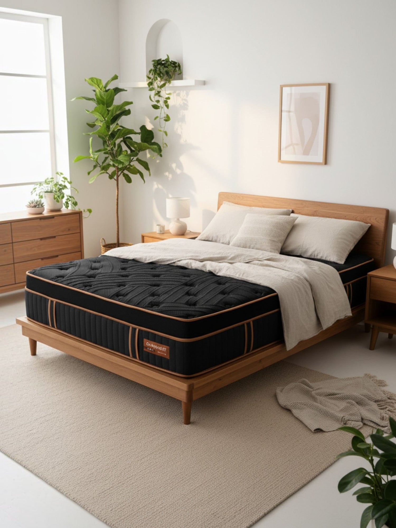Matelas hybride TOCO Meubles Copper Sleep ET noir avec plateau Euro Top, installé sur un cadre de lit en bois moderne.