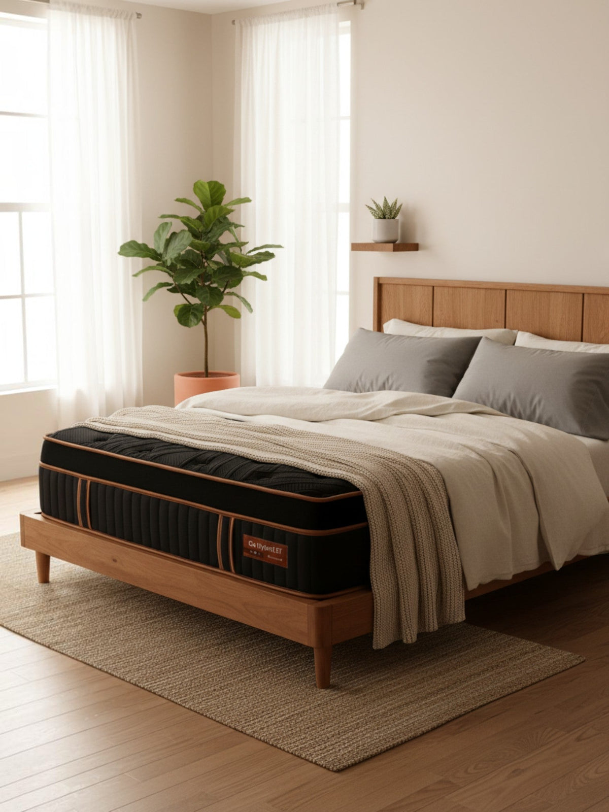 Matelas hybride TOCO Meubles Copper Sleep ET 14 pouces avec plateau Euro Top noir et détails cuivrés dans une chambre