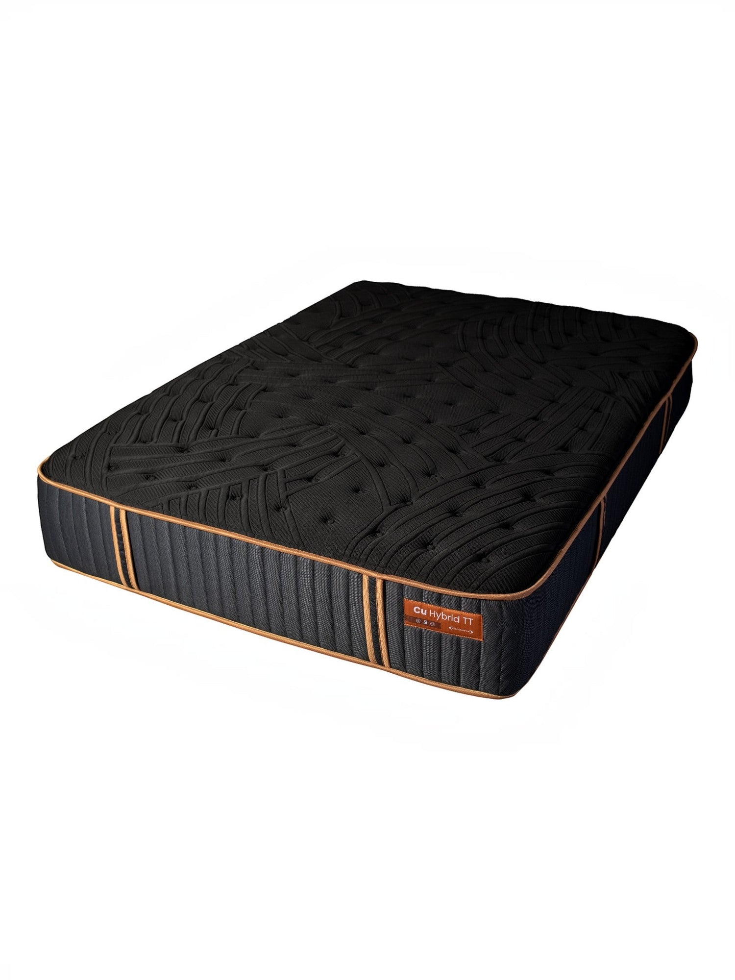 Matelas hybride TOCO Meubles Copper Sleep TT noir avec détails cuivrés, 13 pouces, confort moyen et ressorts ensachés.