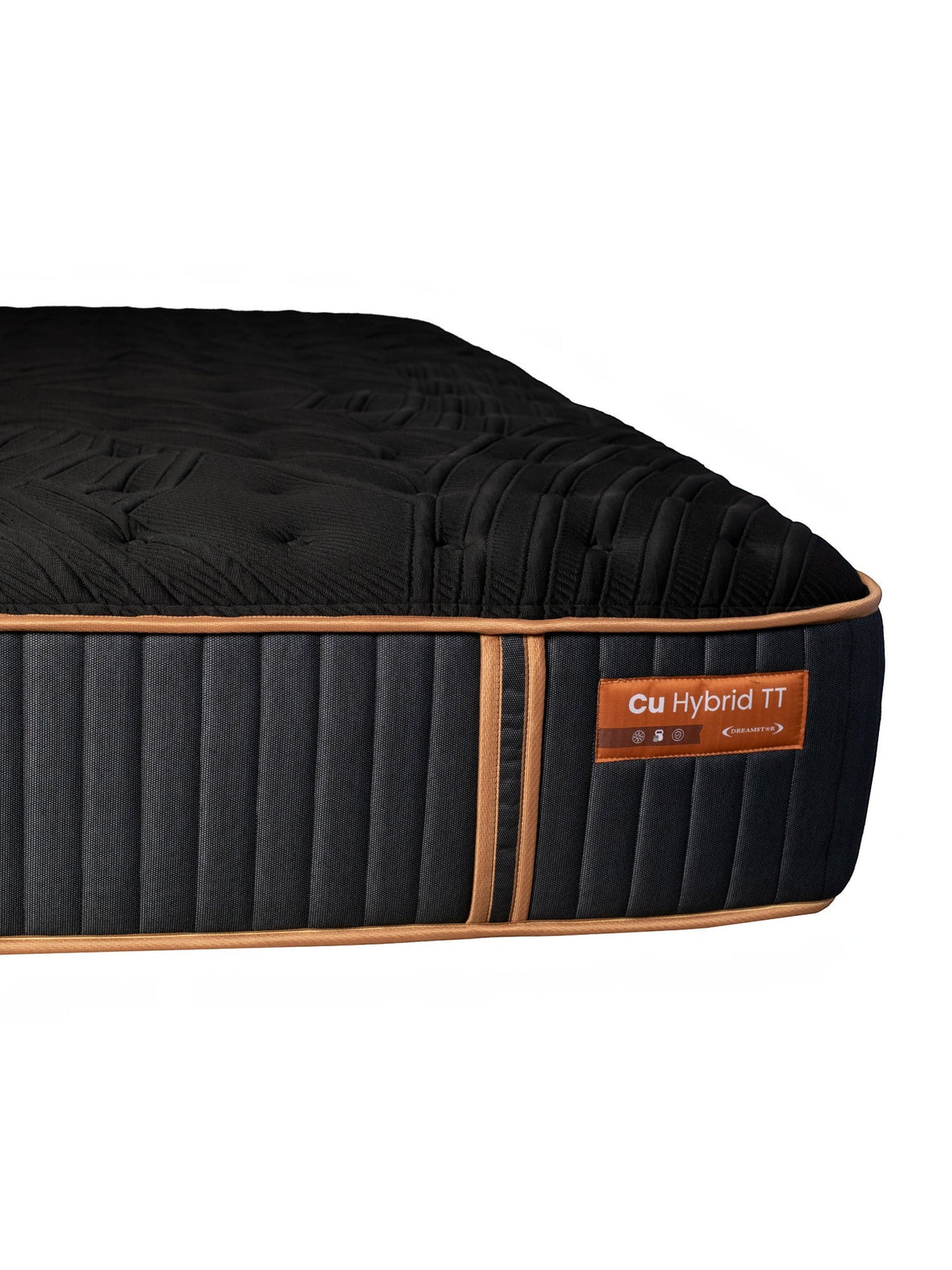 Matelas hybride TOCO Meubles Copper Sleep TT noir avec bordures cuivrées et étiquette de marque sur le côté