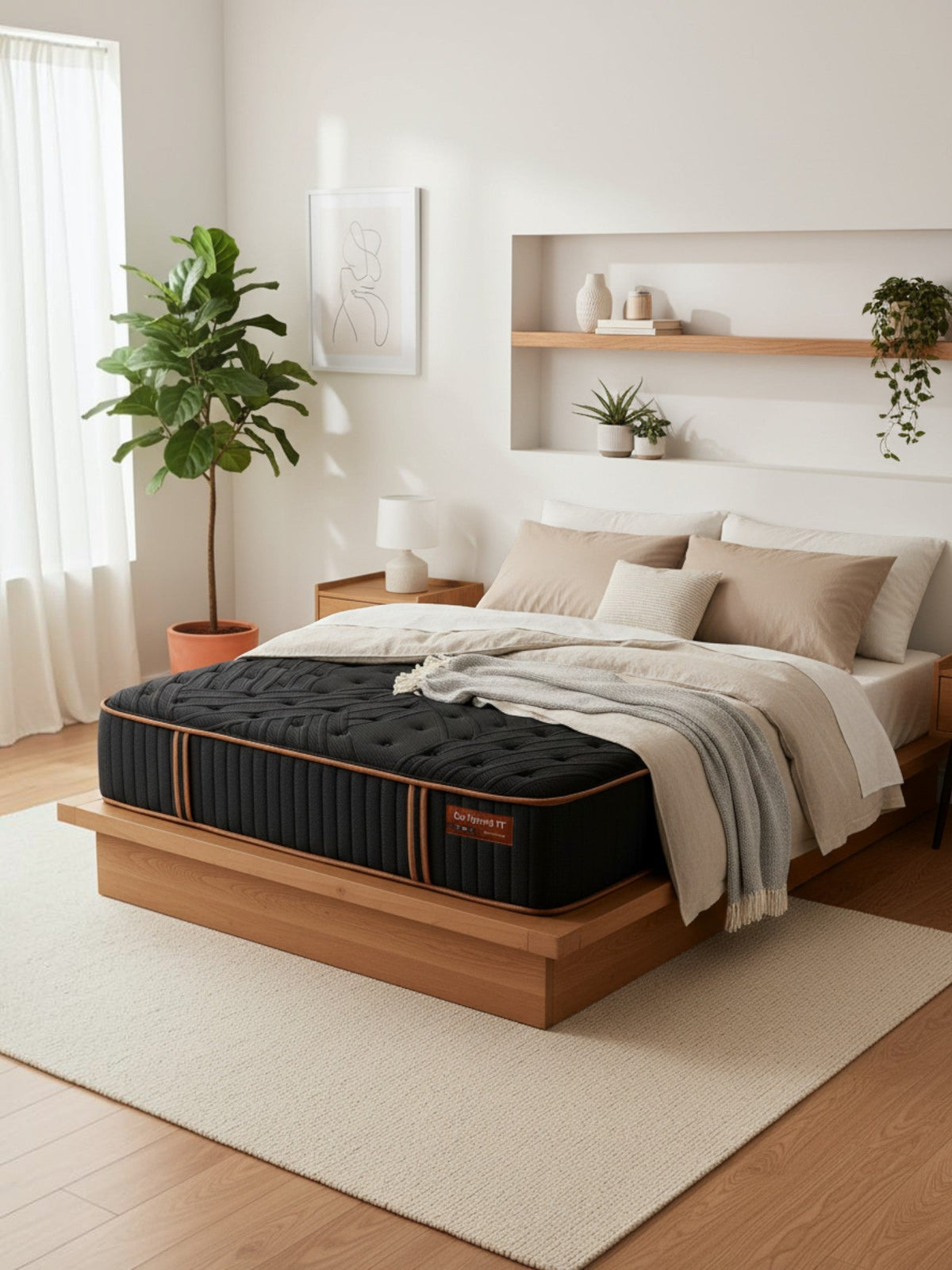 Matelas hybride TOCO Meubles Copper Sleep TT noir et cuivre de 13 pouces dans une chambre moderne et lumineuse.