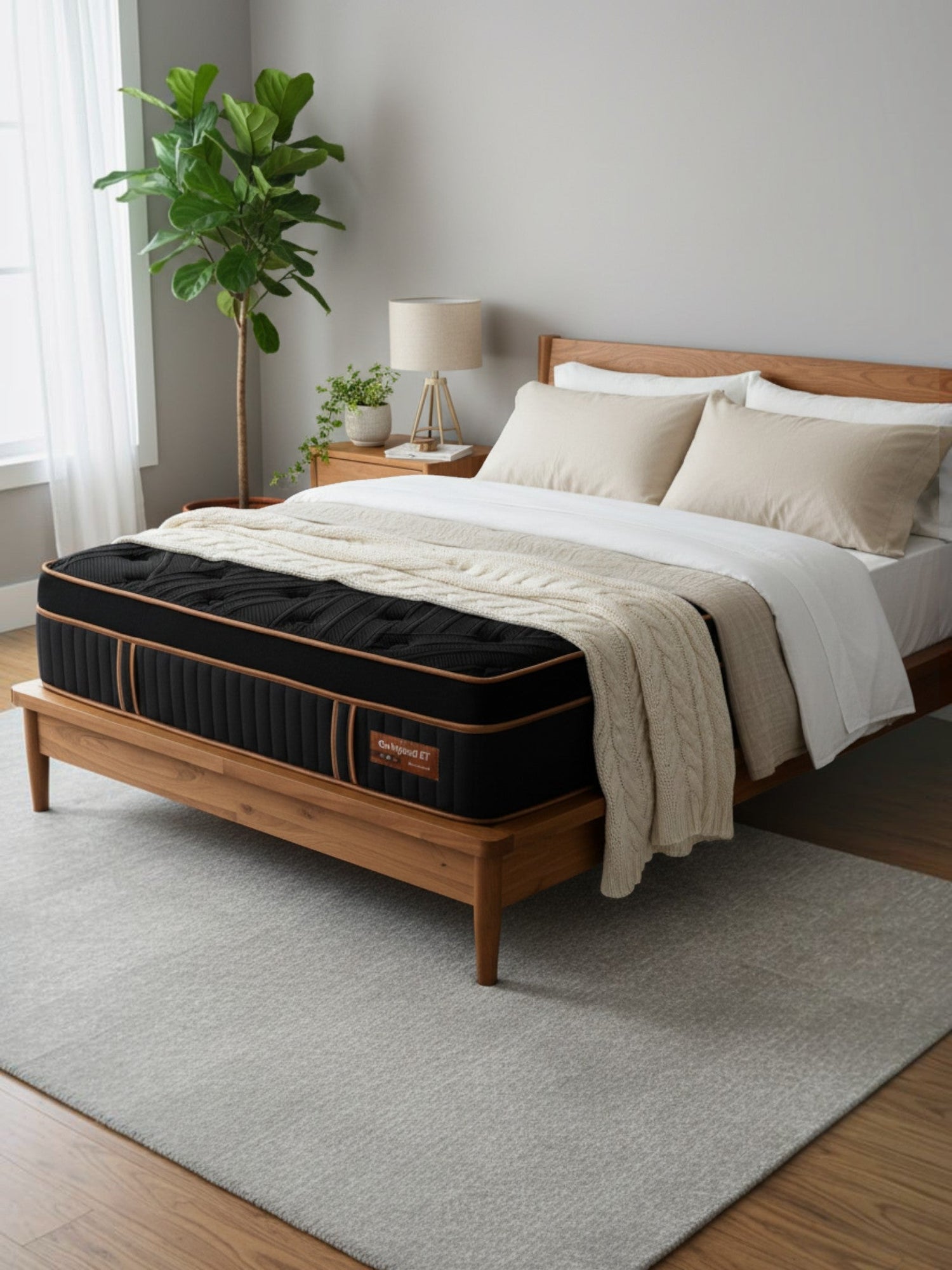 Matelas hybride TOCO Meubles Copper Sleep ET noir avec Euro Top, installé sur un cadre de lit en bois dans une chambre