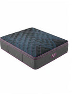 Matelas King Beautyrest Asteris de TOCO Meubles avec plateau coussin moelleux, tissu bleu et gris, détails violets