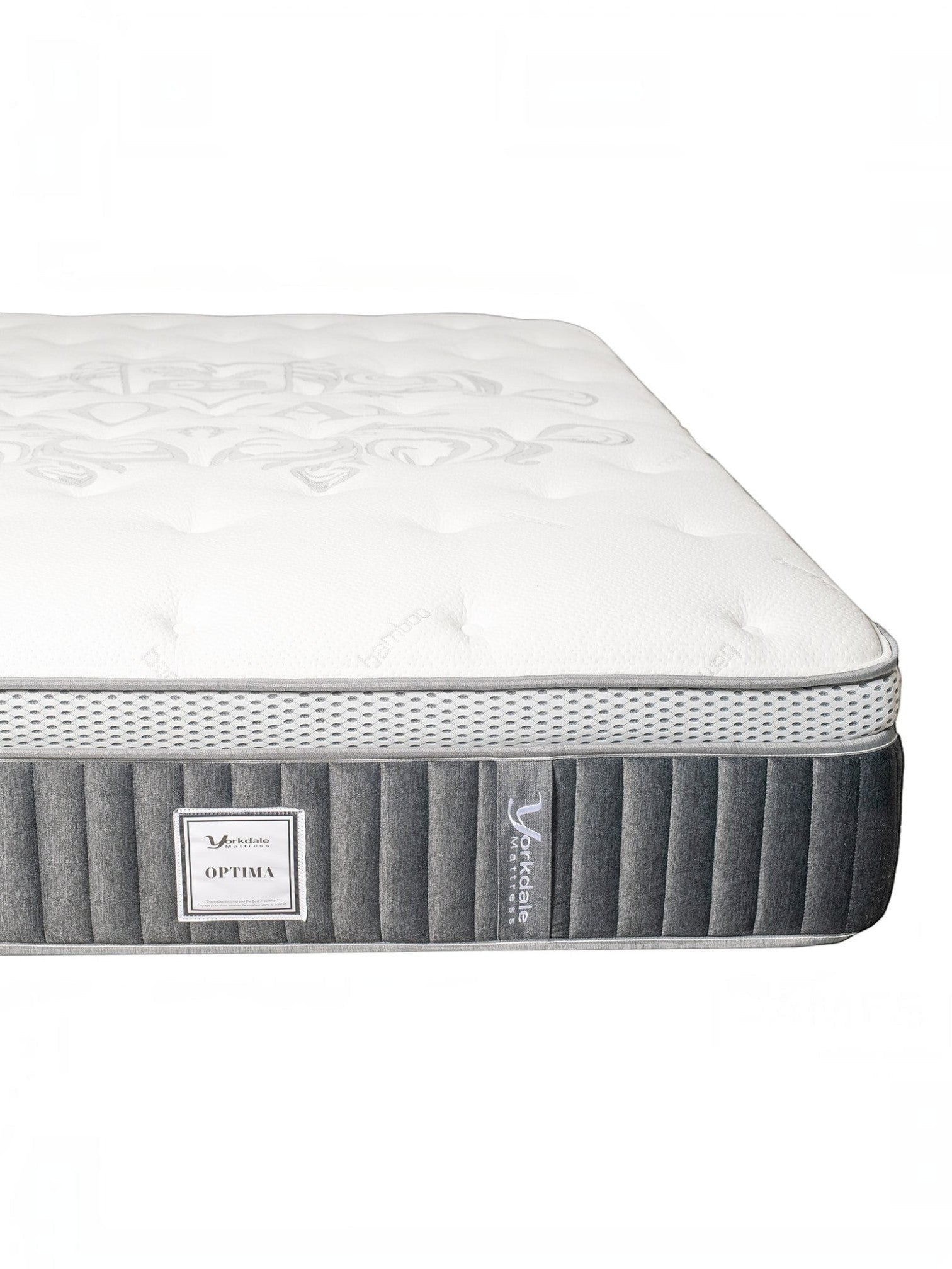 Matelas Optima TOCO Meubles avec tissu matelassé blanc, bordure grise et ressorts ensachés pour un confort optimal.