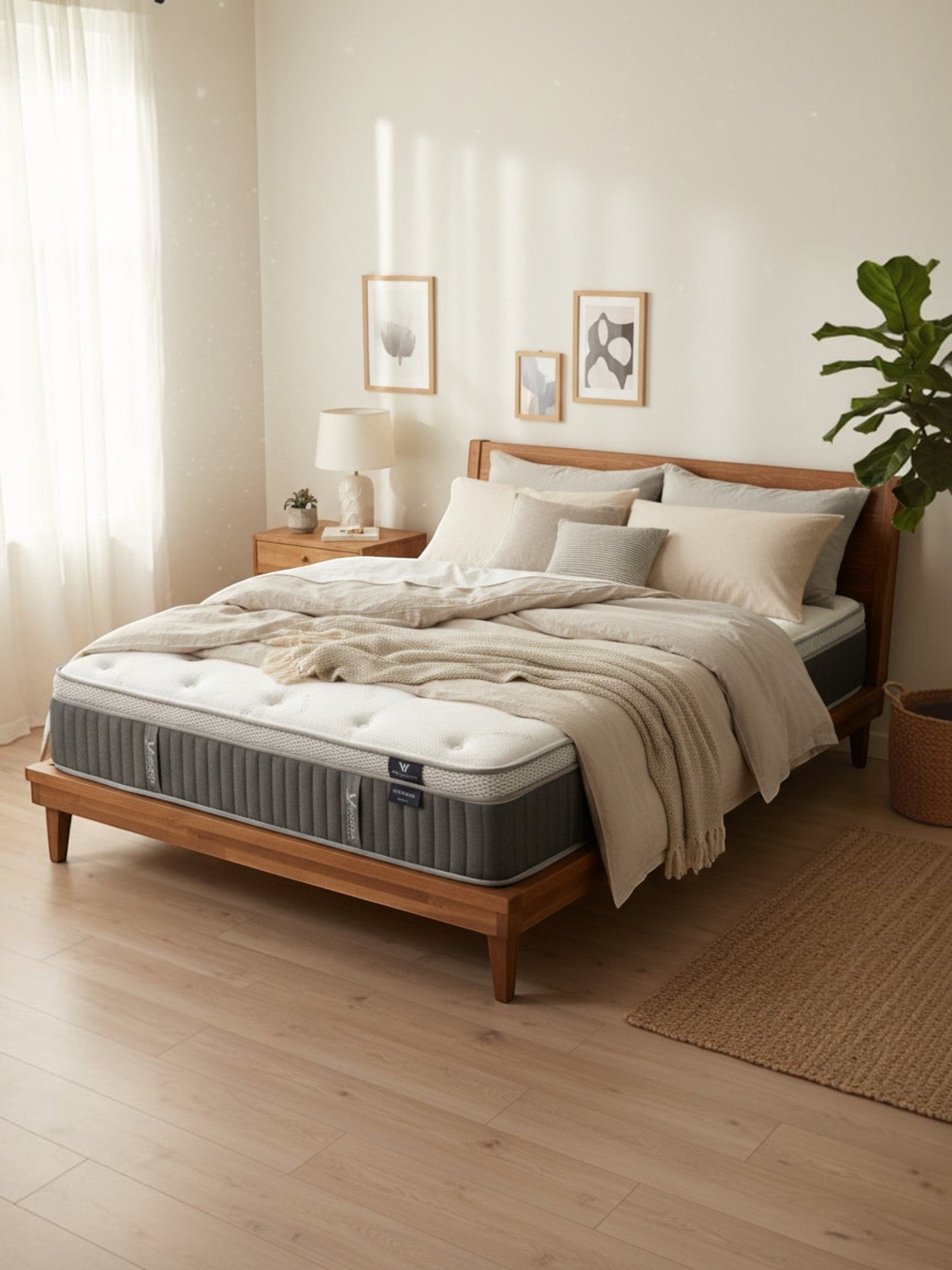 Matelas Optima Double TOCO Meubles avec ressorts ensachés et gel rafraîchissant sur un lit en bois dans une chambre