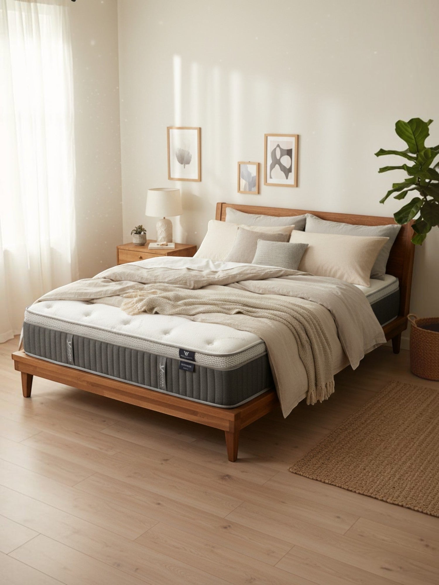 Matelas Optima Double TOCO Meubles avec ressorts ensachés et gel rafraîchissant sur un lit en bois dans une chambre
