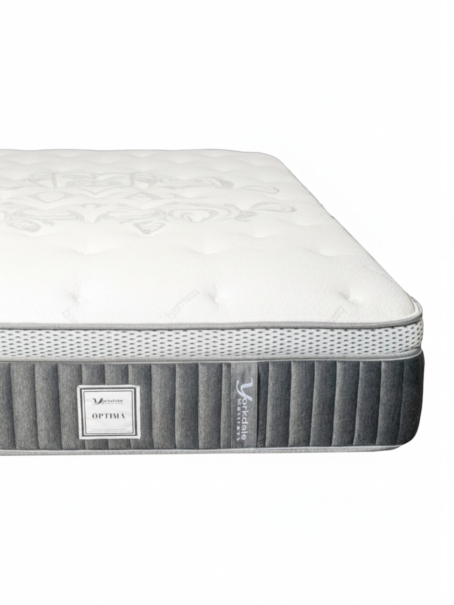 Matelas TOCO Meubles Optima avec surface matelassée blanche et bordures grises, offrant un soutien ergonomique.