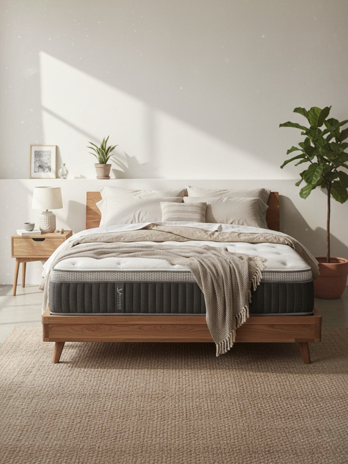 Matelas Optima TOCO Meubles avec ressorts ensachés et gel rafraîchissant dans une chambre moderne en bois clair