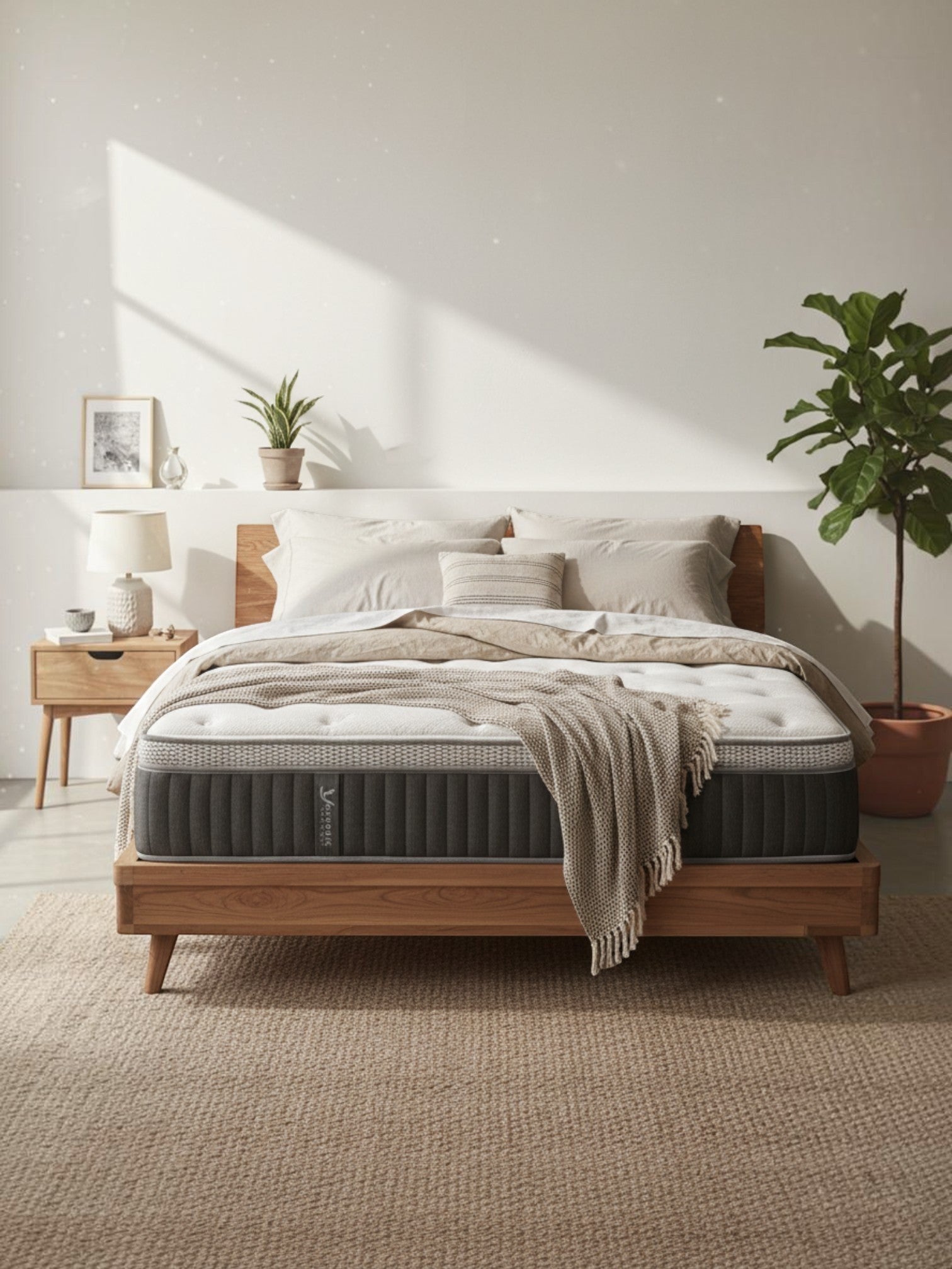 Matelas Optima TOCO Meubles avec ressorts ensachés et gel rafraîchissant dans une chambre moderne en bois clair