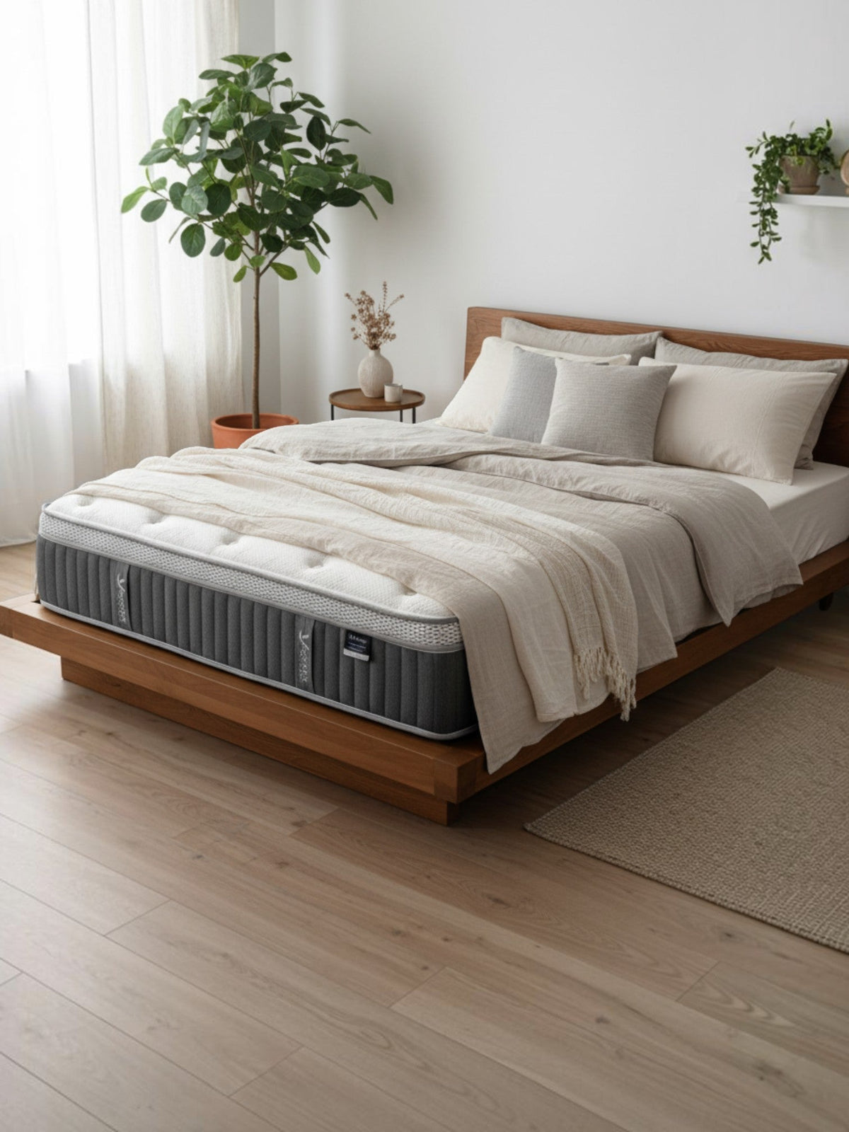 Matelas Optima Simple XL TOCO Meubles avec ressorts ensachés et gel rafraîchissant dans une chambre moderne et épurée.