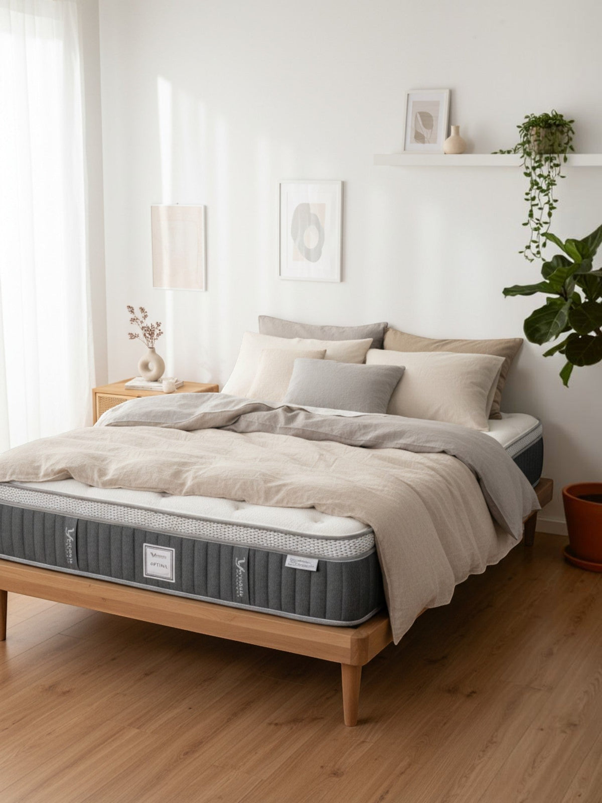 Matelas Optima Très Grand de TOCO Meubles avec ressorts ensachés et gel rafraîchissant dans une chambre moderne.