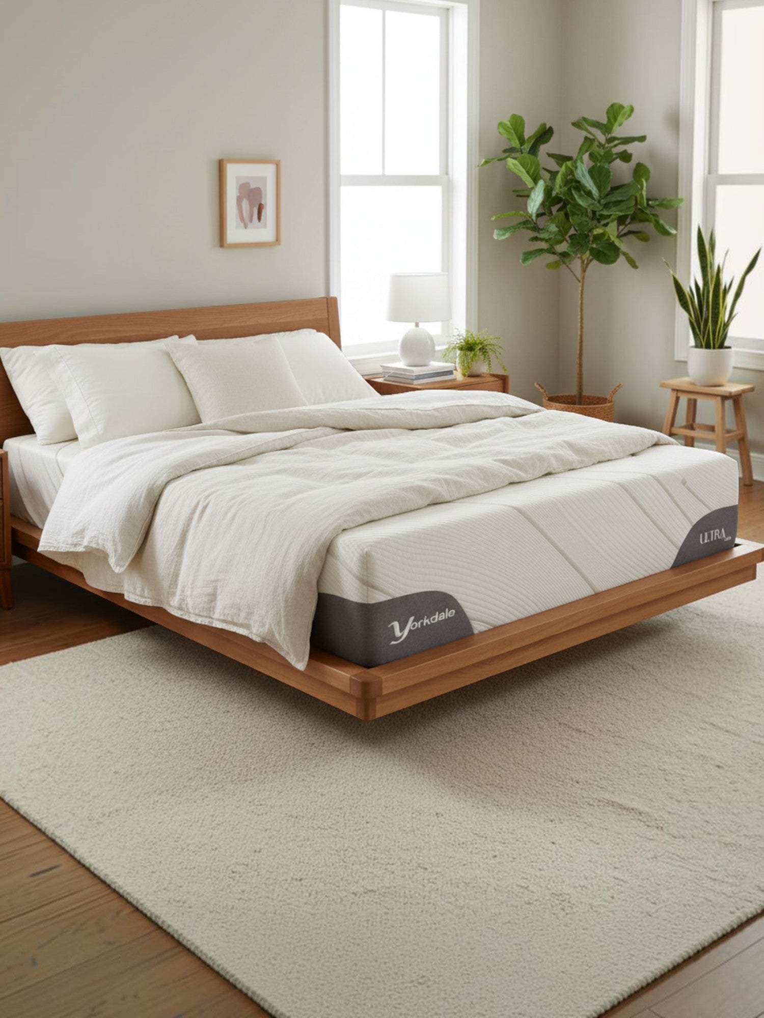 Matelas Ultra Firm TOCO Meubles très grand format avec tissu rafraîchissant sur un cadre de lit en bois moderne.