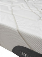 Matelas TOCO Meubles Ultra Medium avec tissu rafraîchissant blanc et détails gris, vue rapprochée du coin.