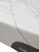 Matelas TOCO Meubles Ultra Medium avec tissu rafraîchissant blanc et détails gris, vue rapprochée du coin.