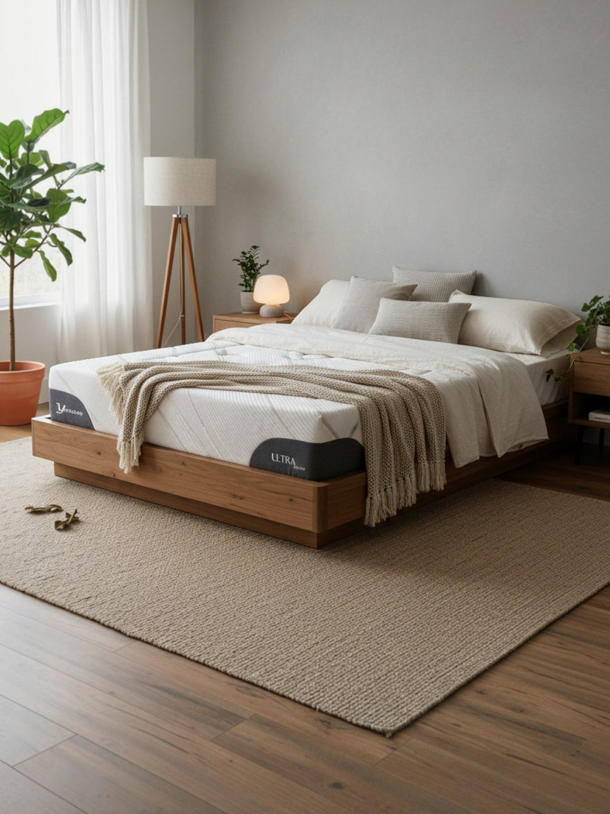 Matelas Ultra Medium TOCO Meubles avec gel rafraîchissant et mousse bio, installé sur un lit en bois moderne.
