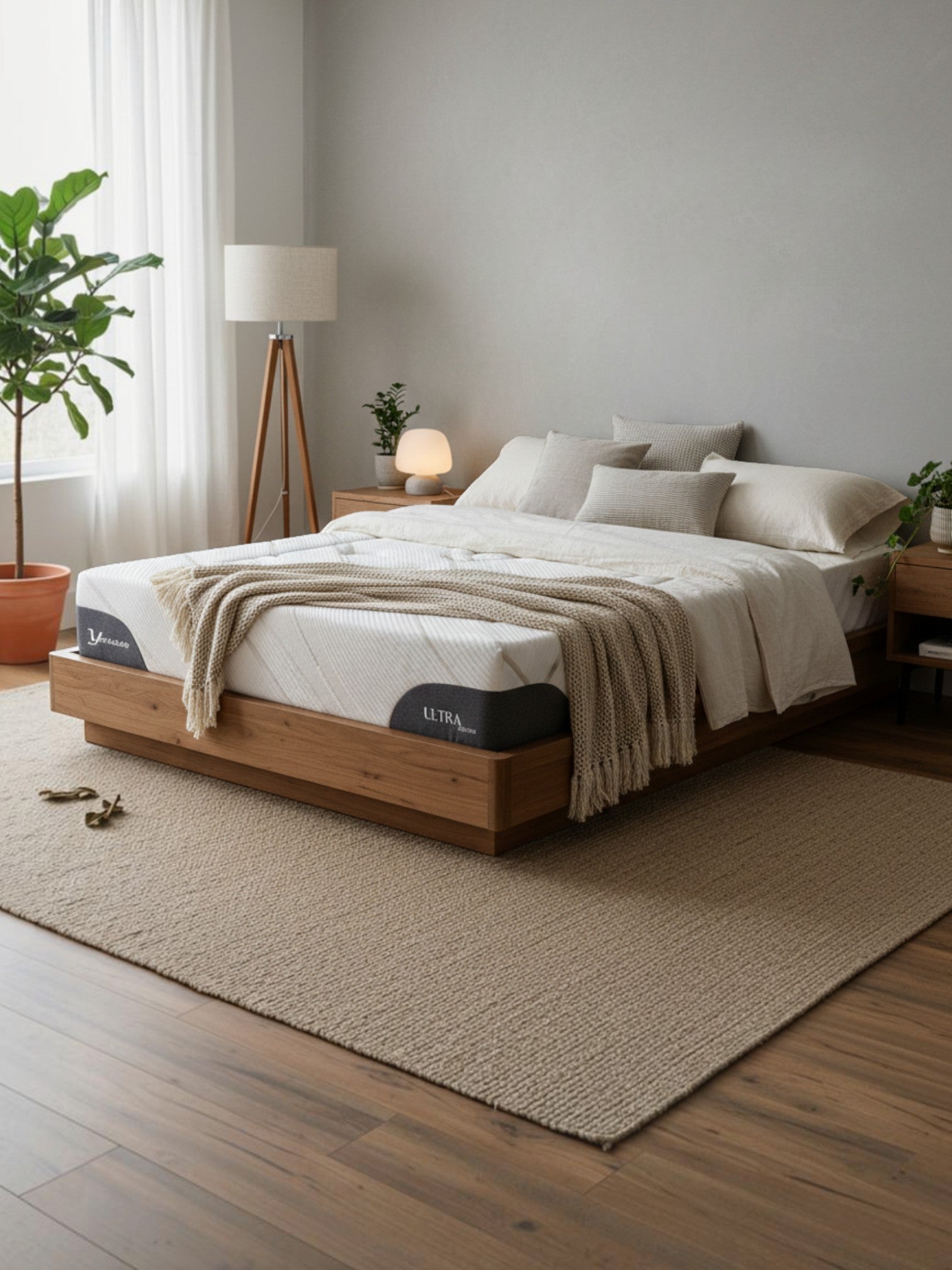 Matelas Ultra Medium TOCO Meubles avec gel rafraîchissant et mousse bio, installé sur un lit en bois moderne.