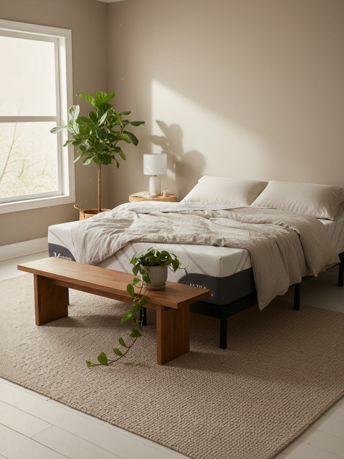 Matelas TOCO Meubles Ultra Medium avec gel rafraîchissant et mousse bio dans une chambre moderne et lumineuse