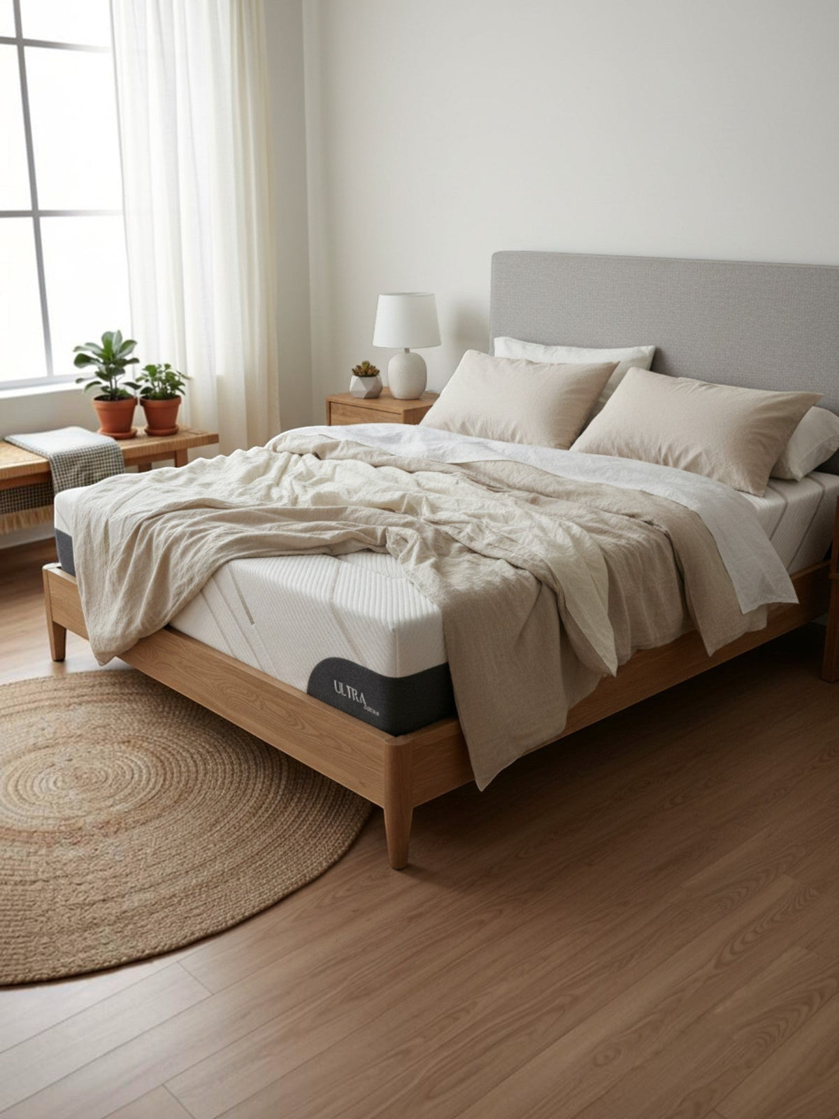 Matelas TOCO Meubles Ultra Medium avec technologie de gel rafraîchissant dans une chambre moderne et lumineuse