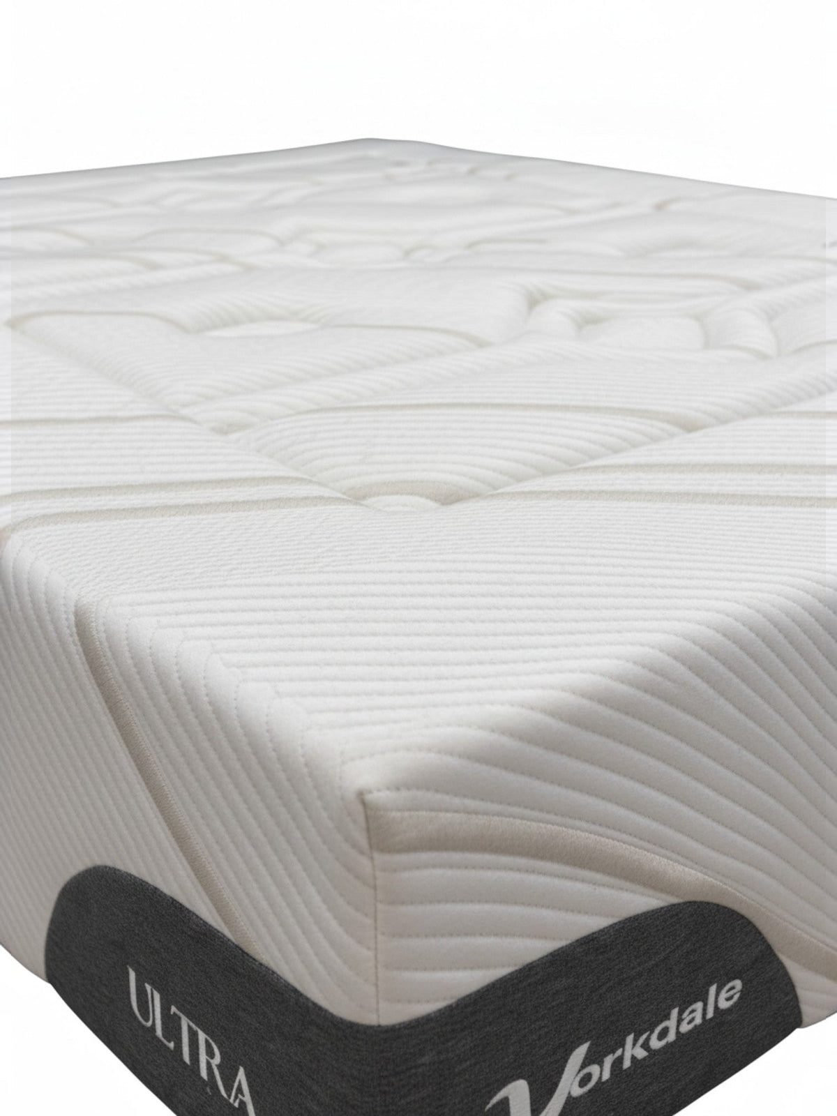 Matelas Ultra Medium TOCO Meubles avec tissu rafraîchissant blanc et détails gris, vue en gros plan du coin supérieur