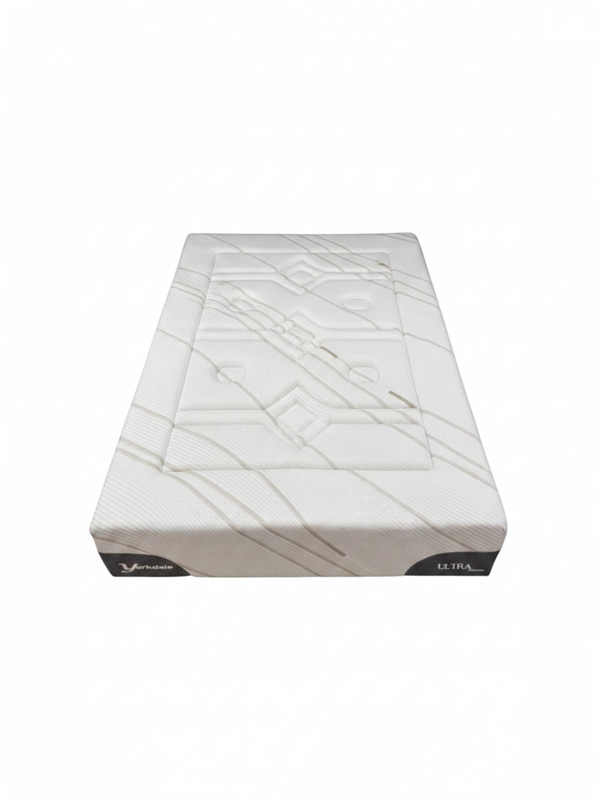Matelas TOCO Meubles Ultra Medium avec tissu rafraîchissant blanc et motifs géométriques, vue en perspective