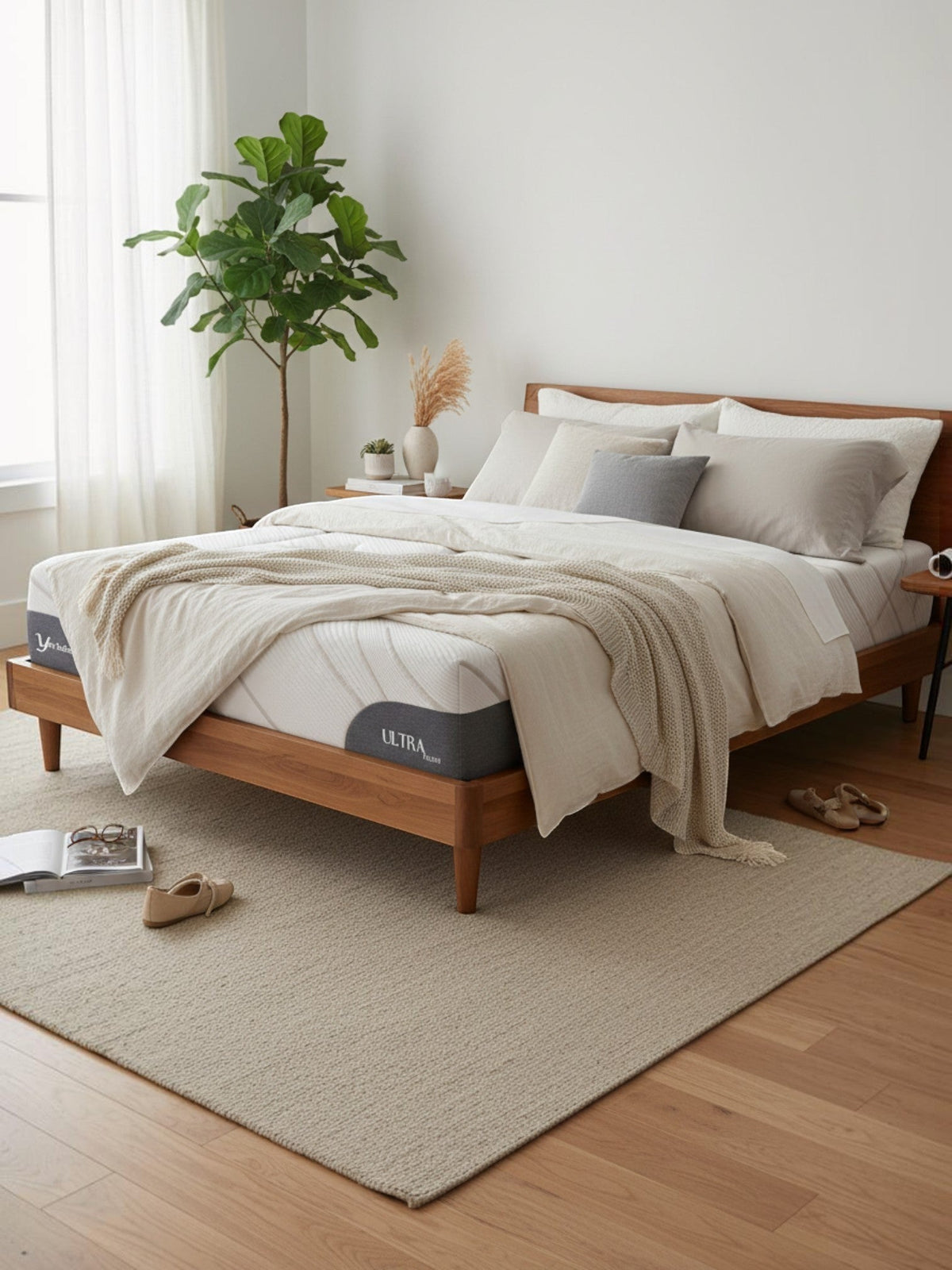 Matelas Ultra Plush TOCO Meubles avec tissu rafraîchissant et mousse gel dans une chambre moderne et chaleureuse.