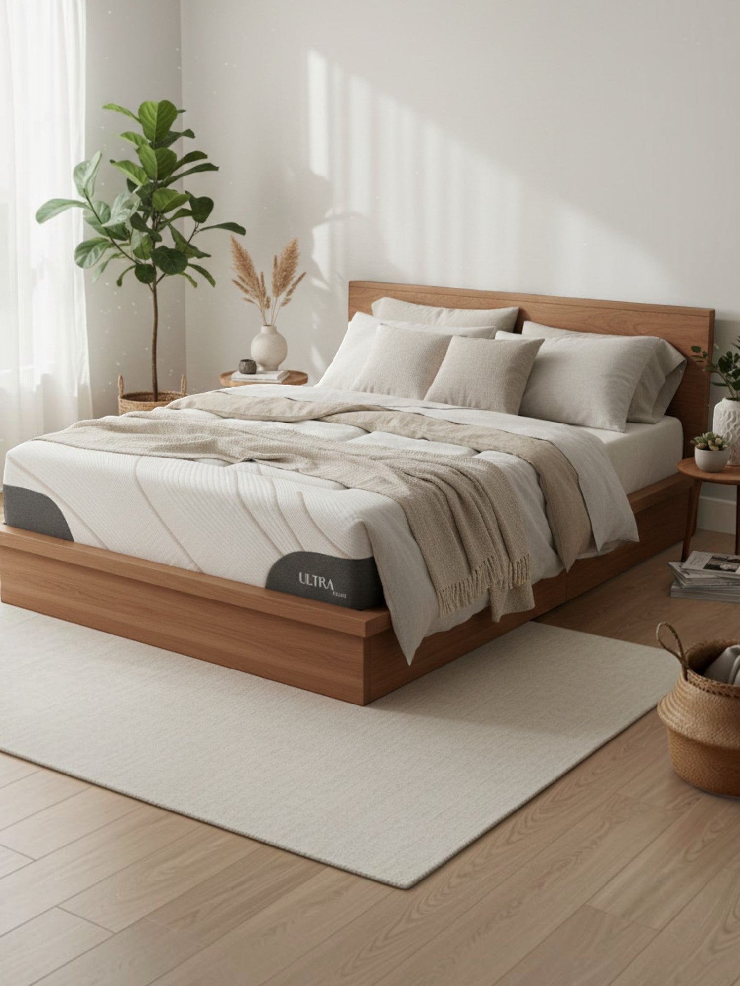 Matelas Ultra Plush TOCO Meubles avec mousse gel rafraîchissante sur un cadre de lit en bois dans une chambre moderne