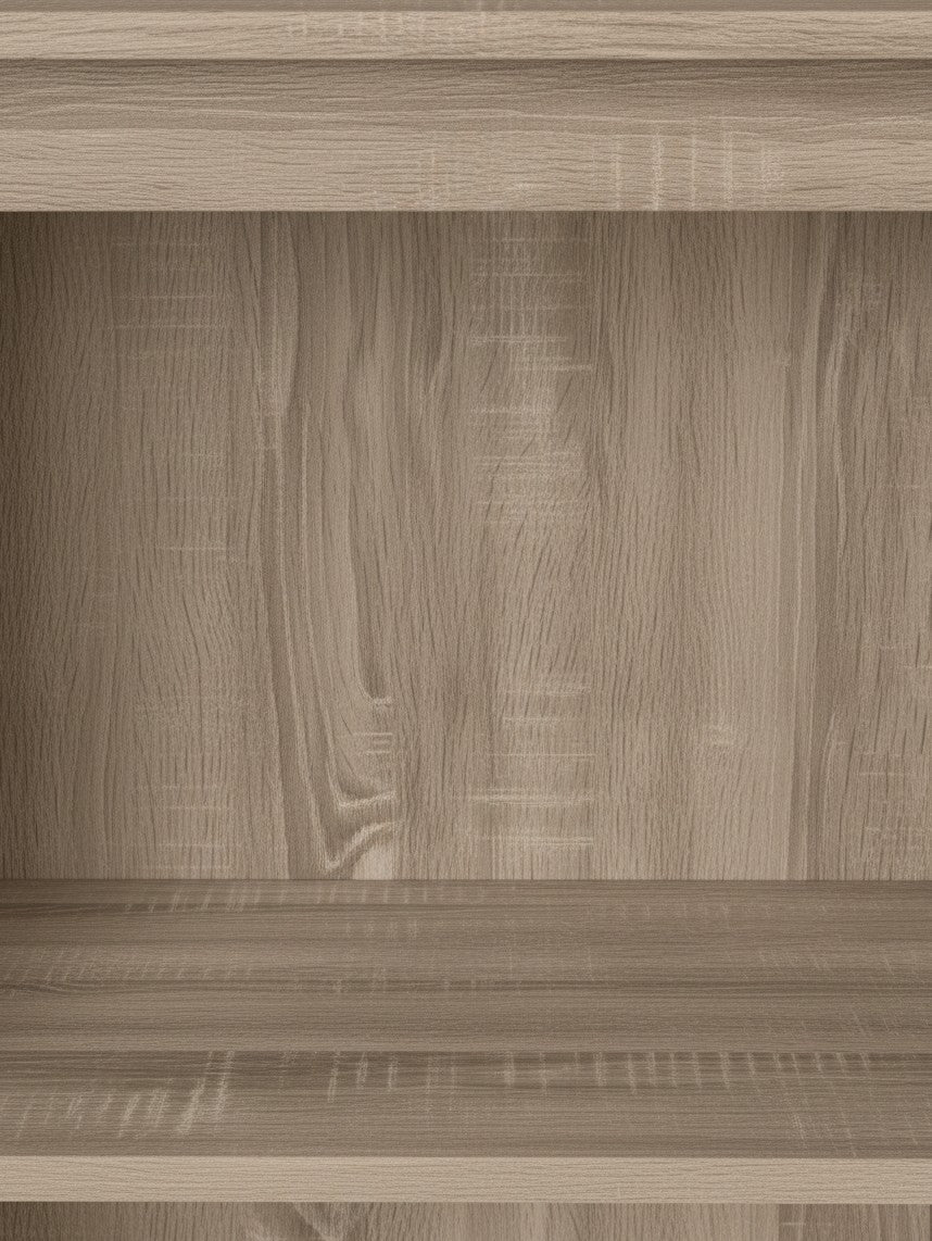 Gros plan sur l'étagère ouverte en bois clair du meuble télé Belvo 48'' de TOCO Meubles avec texture veinée