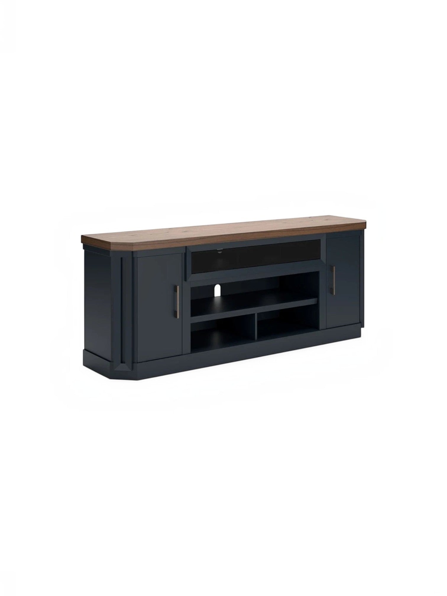 Meuble télé TOCO Meubles Léo 84 pouces bicolore bleu et bois avec rangement et option foyer électrique