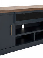 Meuble télé TOCO Meubles Léo 84 pouces bicolore bleu et bois avec rangement ouvert et porte fermée