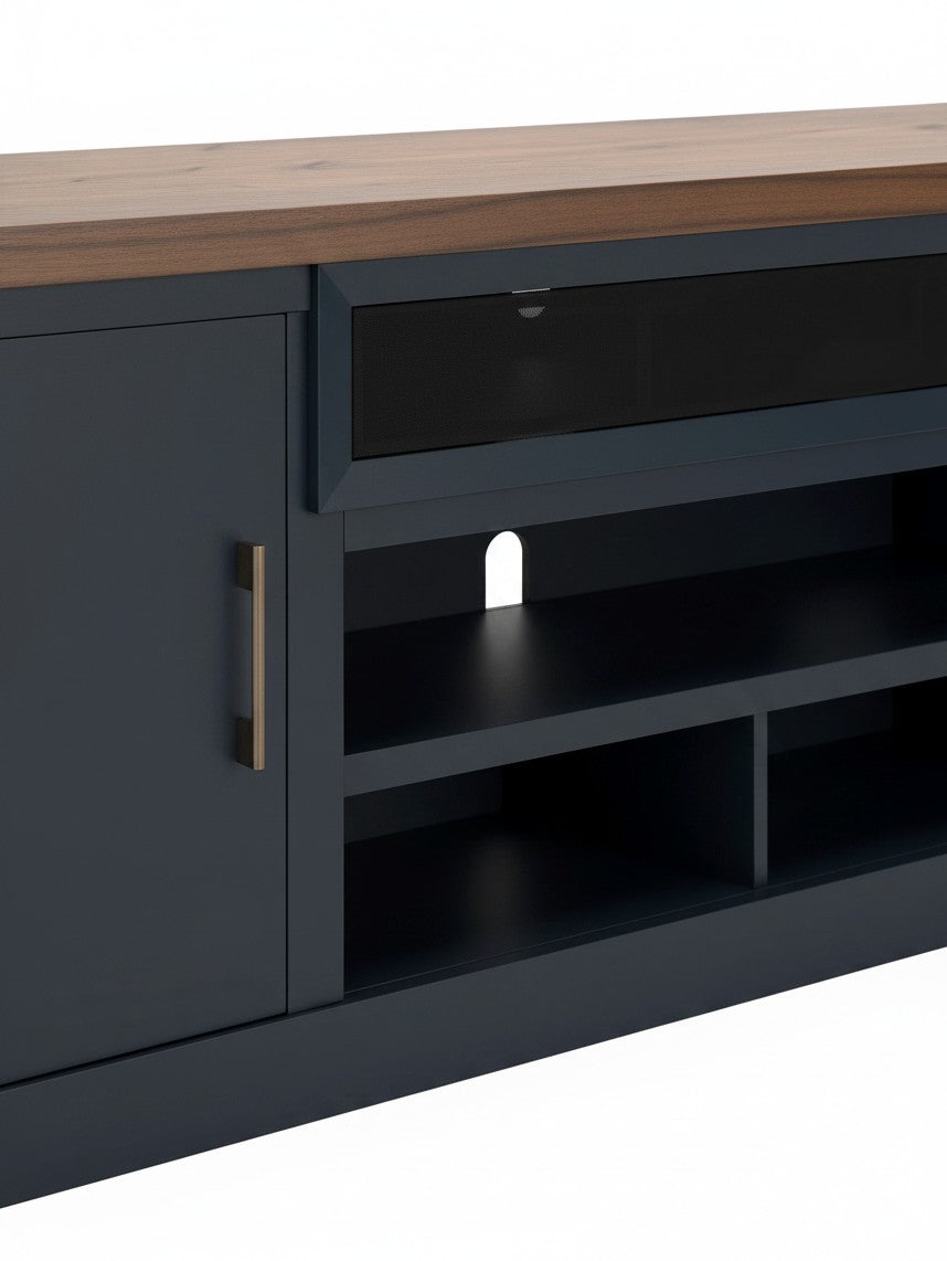 Meuble télé TOCO Meubles Léo 84 pouces bicolore bleu et bois avec rangement ouvert et porte fermée
