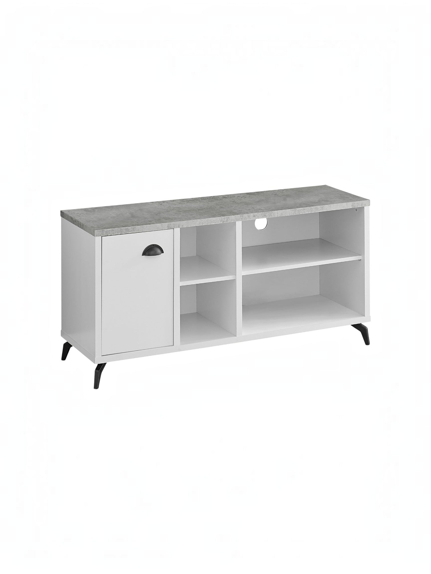 Meuble télé TOCO Meubles Piero 48 pouces blanc avec plateau effet béton et pieds noirs modernes