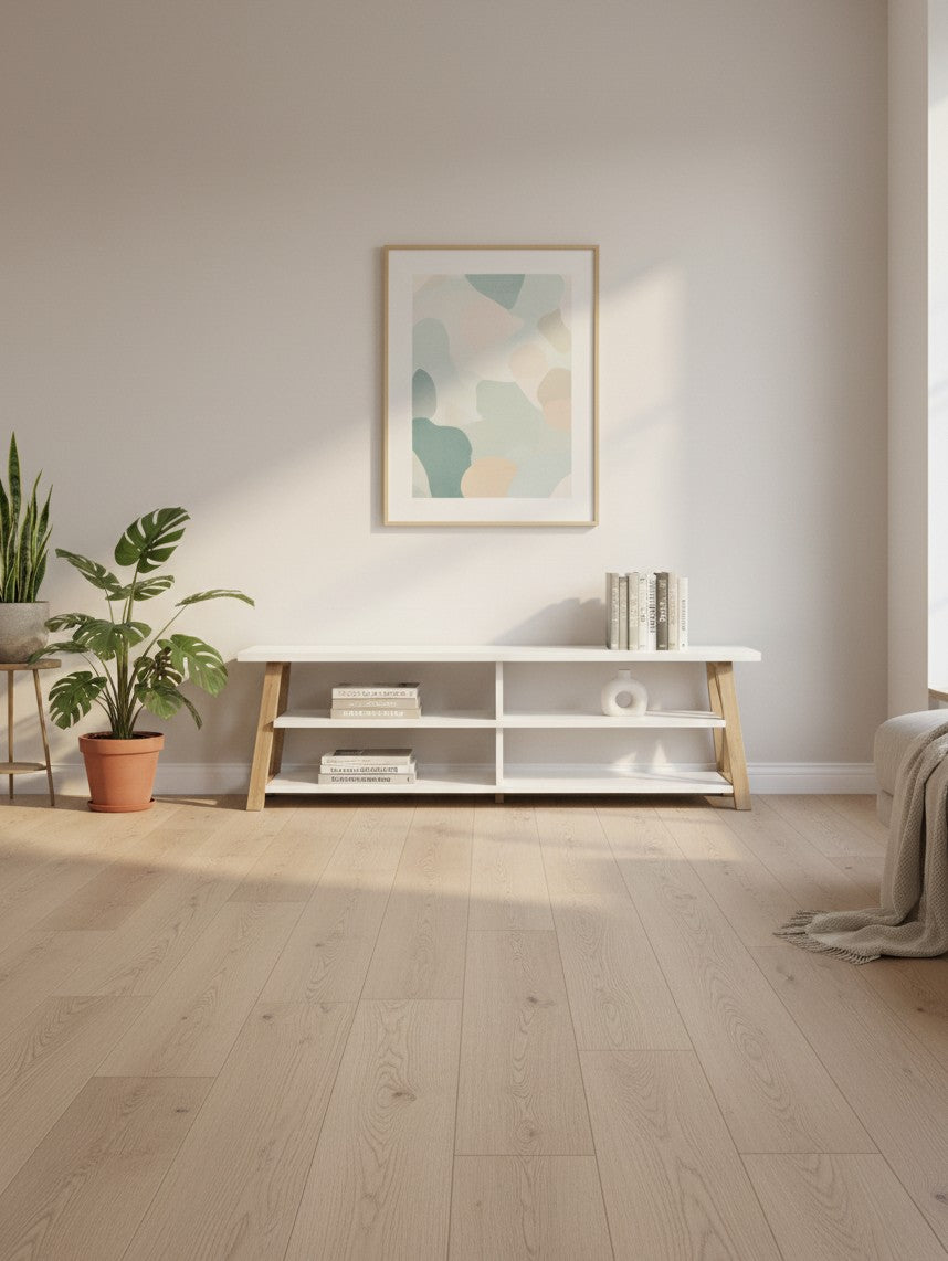 Meuble télé Velto 71 pouces blanc avec pieds en bois clair dans un salon moderne et lumineux par TOCO Meubles