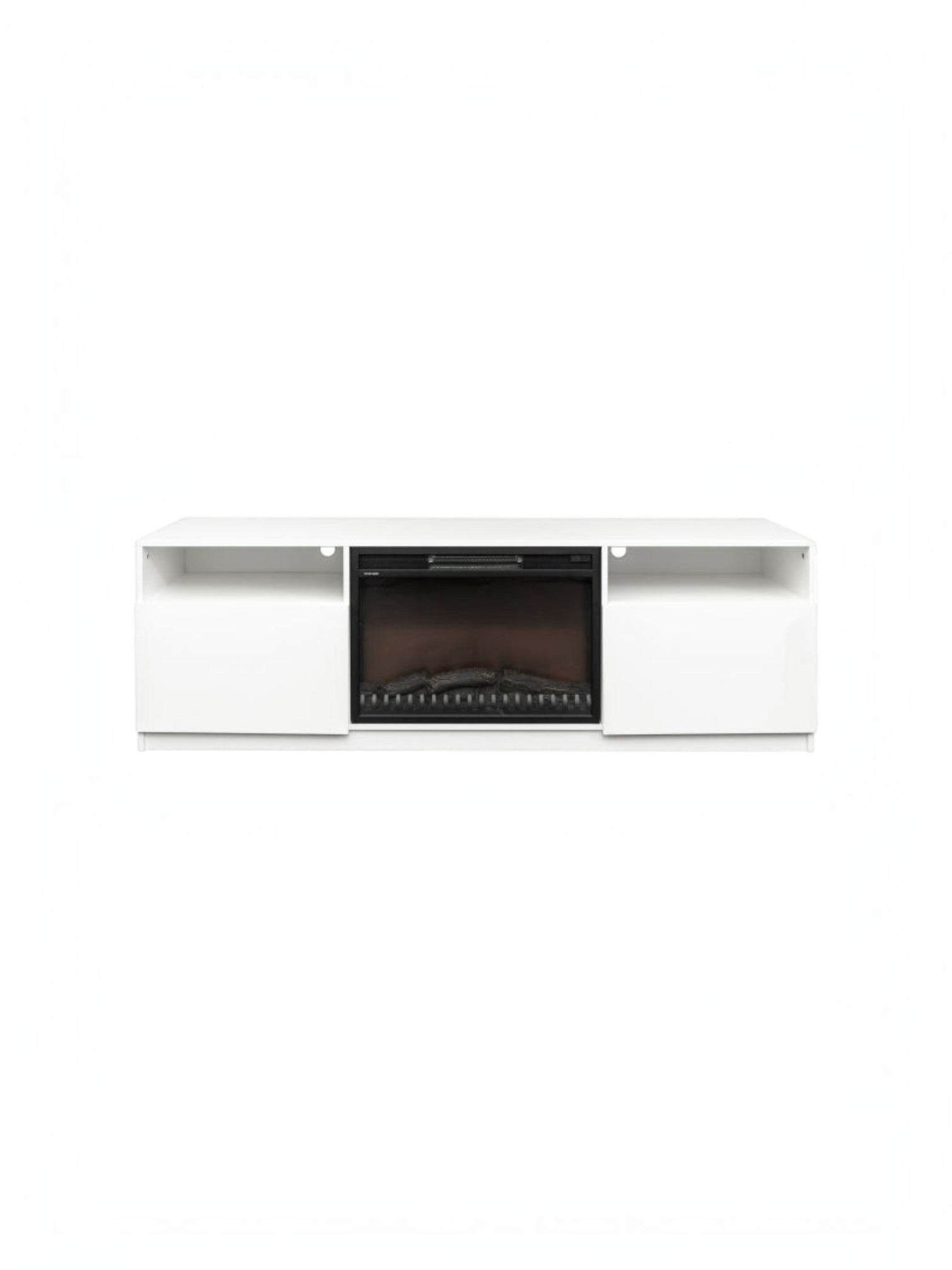 Meuble télé TOCO Meubles Lorio 70 pouces blanc lustré avec foyer électrique intégré et tablettes de rangement