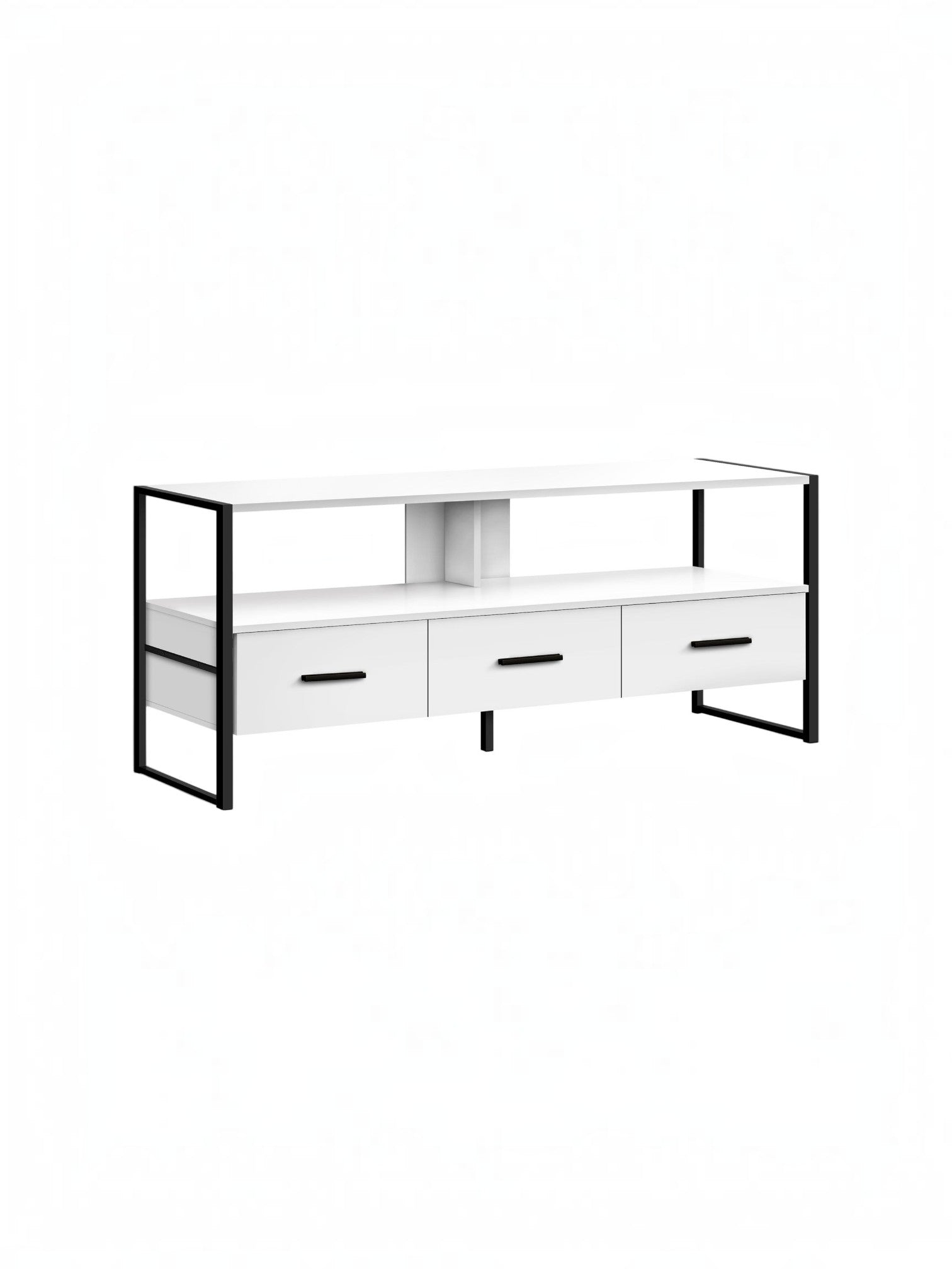 Meuble télé Fero 48 pouces blanc avec structure en métal noir et trois tiroirs, par TOCO Meubles
