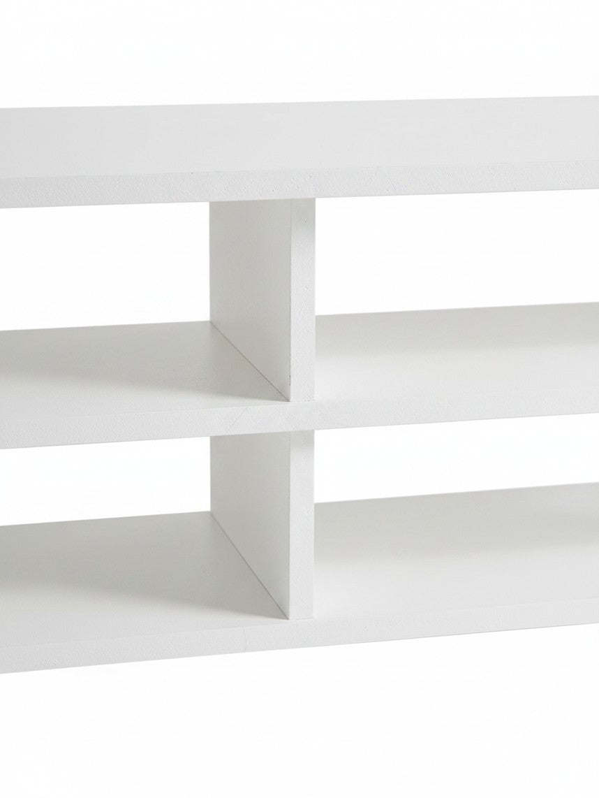 Meuble télé blanc Velto 71 pouces de TOCO Meubles avec étagères ouvertes et design minimaliste