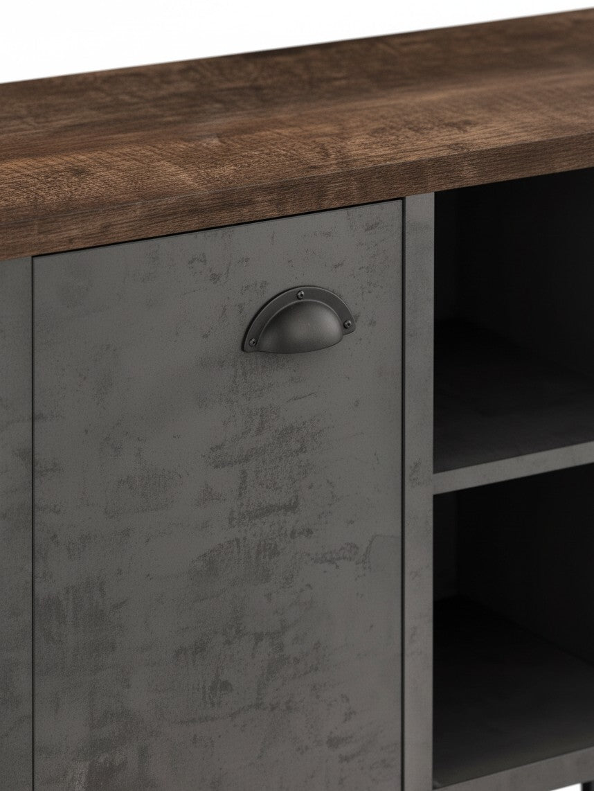 Meuble télé TOCO Meubles Piero 48 pouces avec plateau en bois brun et porte grise effet béton et poignée coquille