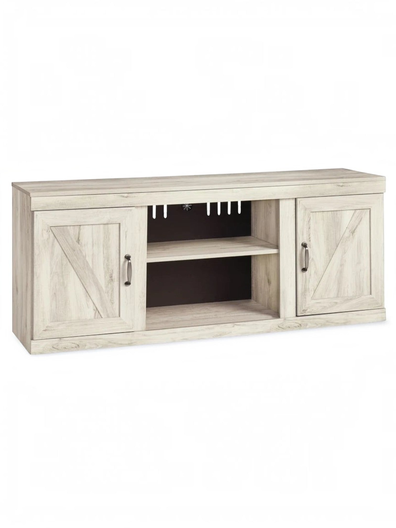 Meuble télé TOCO Meubles Bella 60 pouces en bois blanchi avec portes de style grange et étagère centrale ouverte