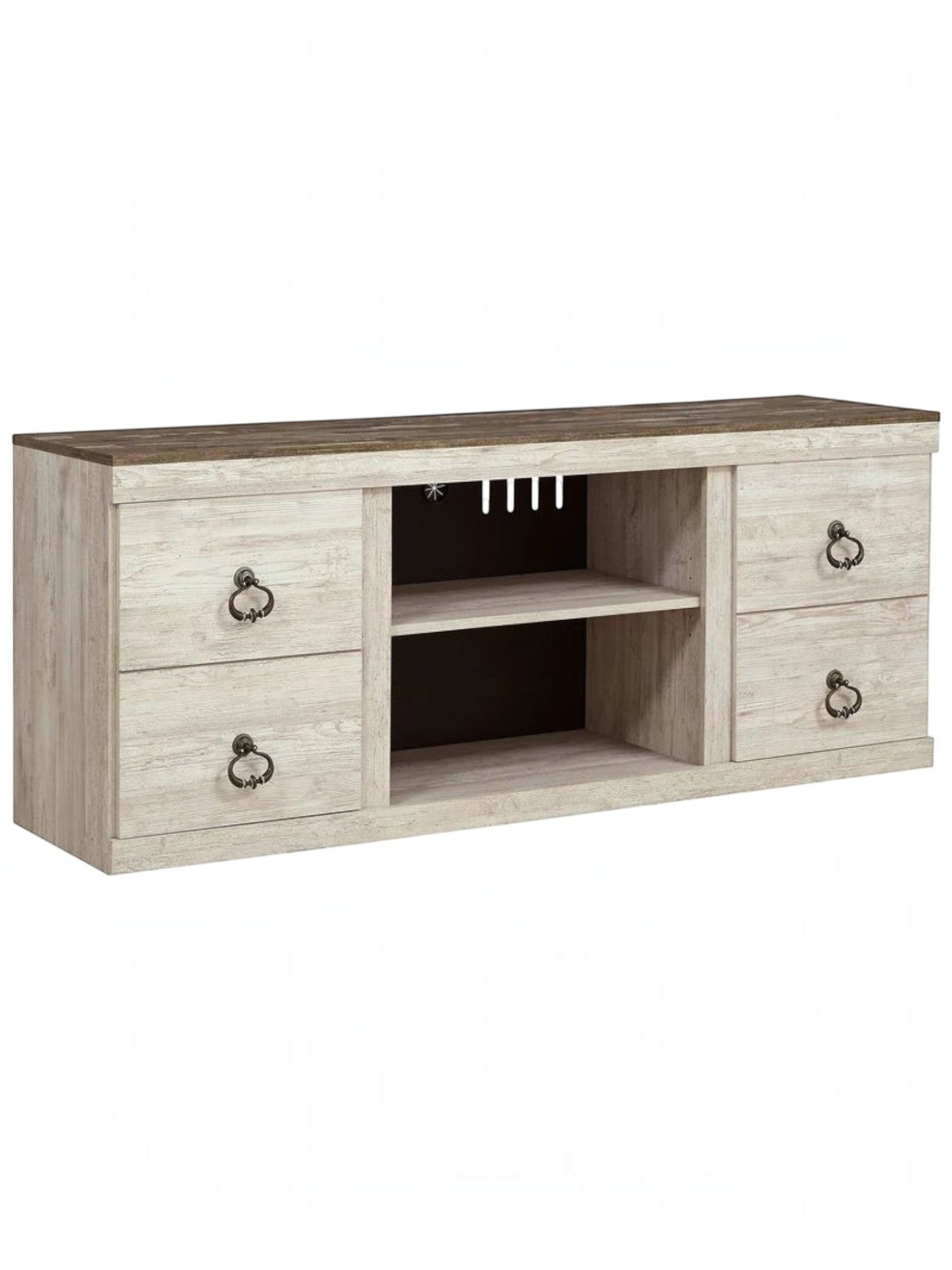 Meuble télé TOCO Meubles Willow 60 pouces au fini bois blanchi avec tablettes centrales et poignées rustiques