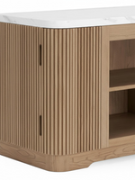 Meuble télé TOCO Meubles Milan 80 pouces en bois clair avec façades cannelées et plateau effet marbre blanc