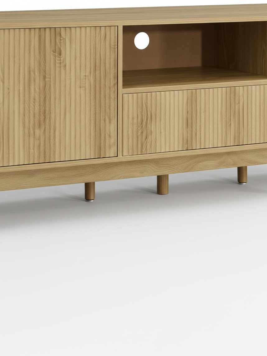 Meuble télé Olivia TOCO Meubles en bois clair avec portes striées et niche de rangement ouverte