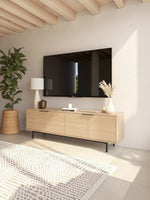 Meuble télé TOCO Meubles Denver 70 pouces en bois clair avec quatre portes de rangement et pieds en métal noir