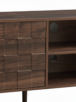 Meuble télé Véra TOCO Meubles en bois brun foncé avec porte texturée à motifs carrés et étagères ouvertes